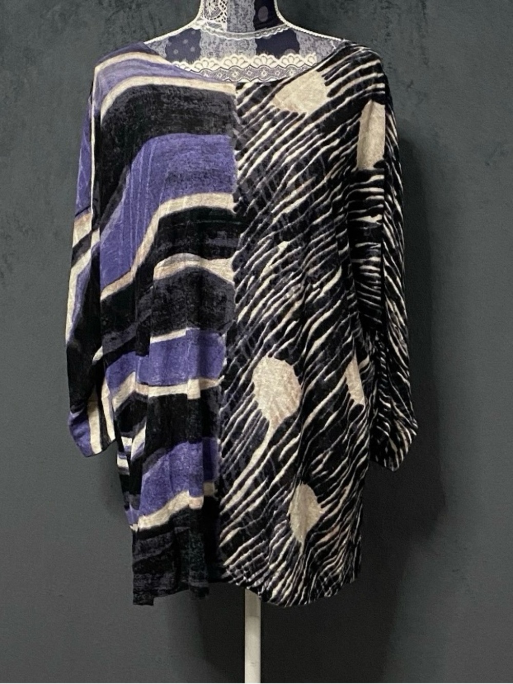 Nic + Zoe Linen Top Womens 1X Blend Oversized Dolman Sleeve Geo Print Lagenlook